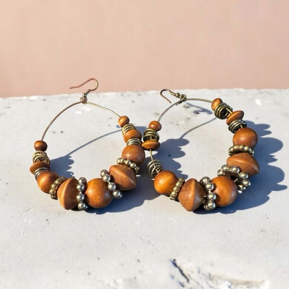 Brown Bead and Silver Accent Boho Hoop Pierced Earrings